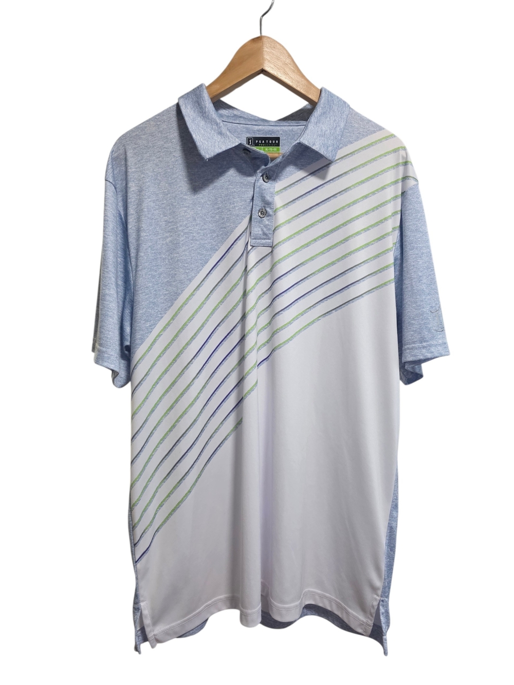 PGA Tour Light Blue, White & Green Striped Men’s Polo Golf Shirt Size XL